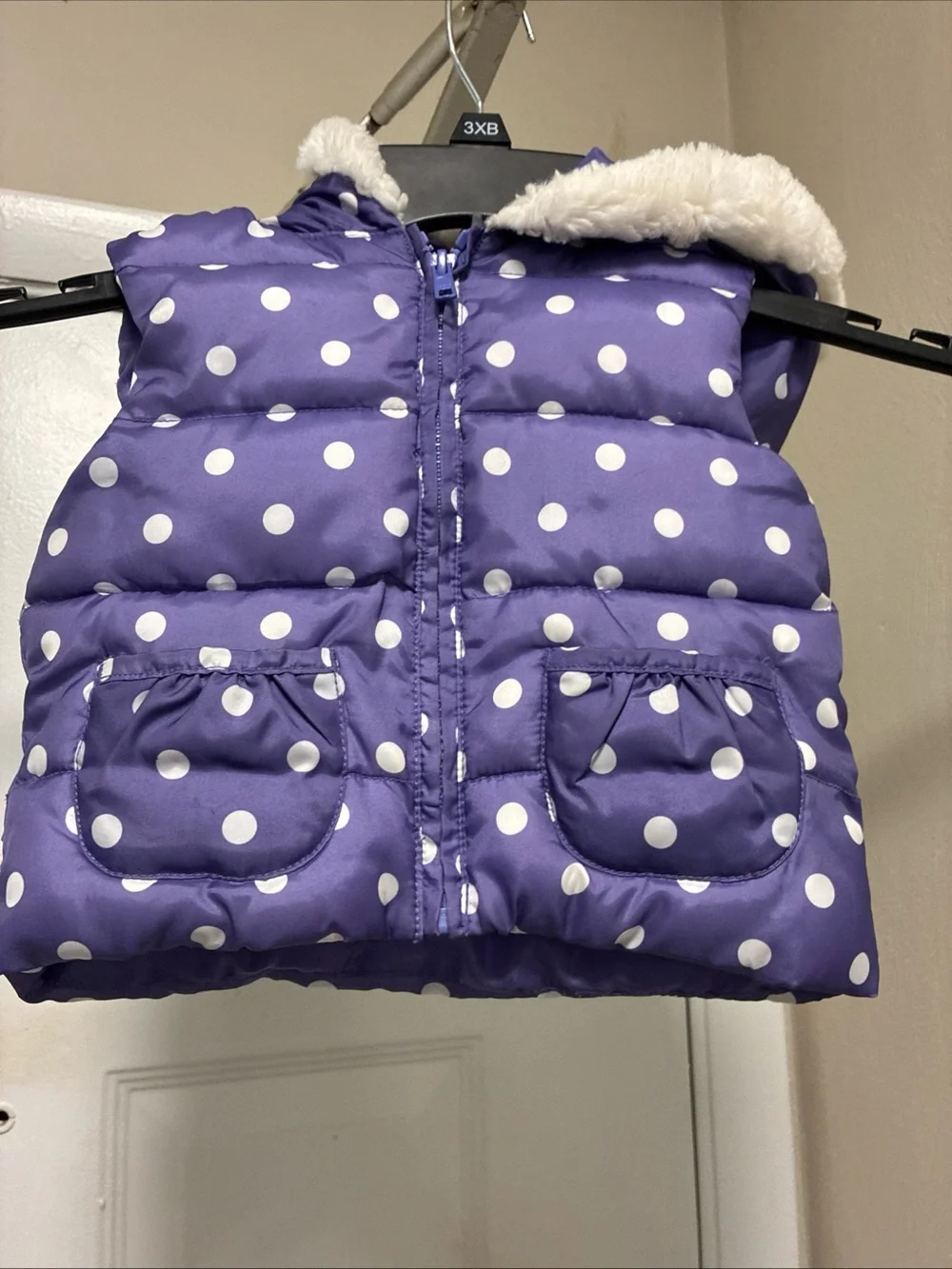 Gymboree Purple Polka Dot Hooded Puffer Vest with Faux Fur Trim